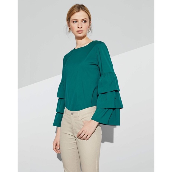 Lafayette 148 New York Revina Ruffle-Sleeve Poplin Plaid Blouse Large - Picture 2 of 14